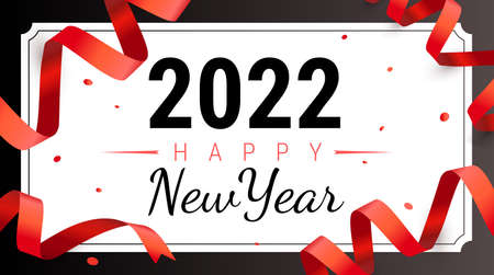 Vector beautiful holiday template design with text and confetti for 2022 new year greeting card, banner. Happy new year illustration with red ribbon and number 2022 on color backgroundのイラスト素材