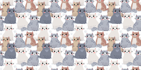Vector seamless pattern with happy cute different cat character. Flat line art style design of seamless pattern with sitting animal cat on white color background for web, greeting card, banner, wrapping paperのイラスト素材
