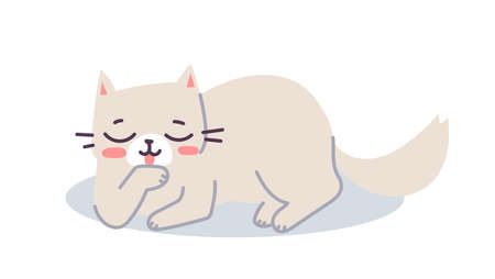 Vector illustration of happy cute cat character on white color background. Flat line art style design of cleaning animal cat for web, greeting card, bannerのイラスト素材