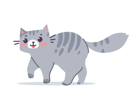 Vector illustration of happy cute striped gray cat character on white color background. Flat line art style design of walking animal cat for web, greeting card, bannerのイラスト素材