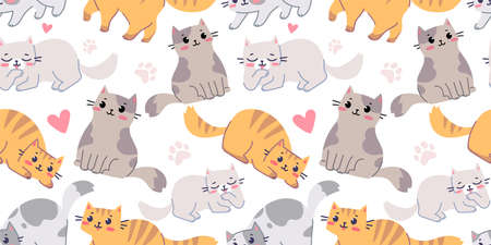 Vector seamless pattern with happy cute different cat character on white color background. Flat line art style design of seamless pattern with animal cat for web, greeting card, banner, wrapping paperのイラスト素材