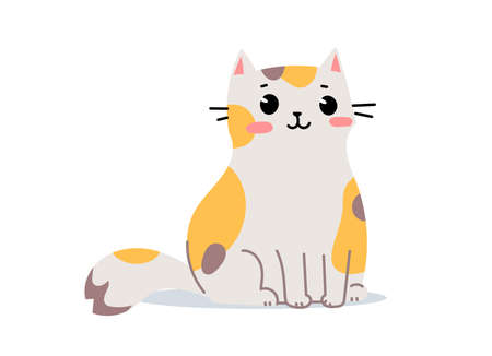 Vector illustration of happy cute spotted cat character on white color background. Flat line art style design of sitting animal cat for web, greeting card, bannerのイラスト素材