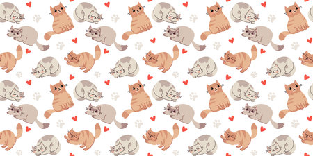 Vector seamless pattern with happy cute cat character on white color background. Flat line art style design of seamless pattern with animal cat in different pose for web, greeting card, banner, wrapping paperのイラスト素材