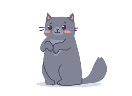 Vector illustration of happy cute gray cat character on white color background. Flat line art style design of standing animal cat for web, greeting card, bannerのイラスト素材