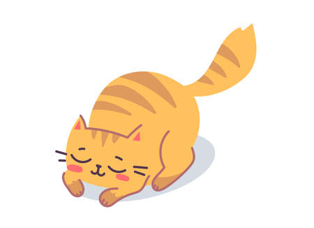 Vector illustration of happy cute striped cat character on white color background. Flat line art style design of sleeping animal cat for web, greeting card, bannerのイラスト素材
