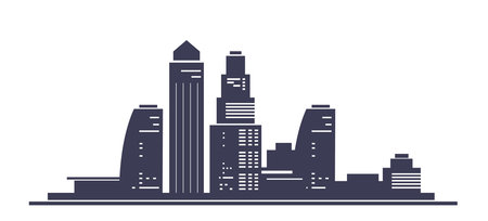 Vector illustration of silhouette of cityscape isolated on white color background. Flat style design of panorama of white and black city street for web, site, banner, poster, printのイラスト素材