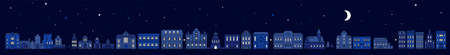 Vector illustration of horizontal panorama of european night city with moon and star on dark blue color sky background. Line art style design of night city street with shine window for web, site, banner, poster, flyerのイラスト素材
