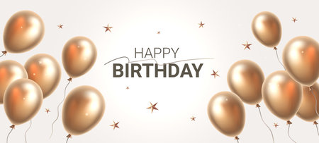 Vector happy birthday illustration with realistic golden color air balloon on light background. Beautiful holiday template design with balloon and text happy birthday for greeting card, party poster, invitation, bannerのイラスト素材