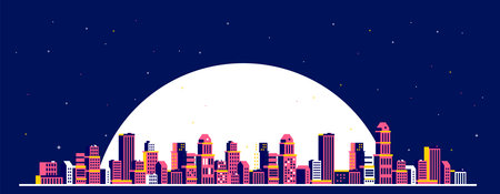 Vector horizontal illustration of light city street on dark blue sky background with large full moon. Flat isometric style design of panorama of night red color cityscape with star for web, site, banner, poster, printのイラスト素材