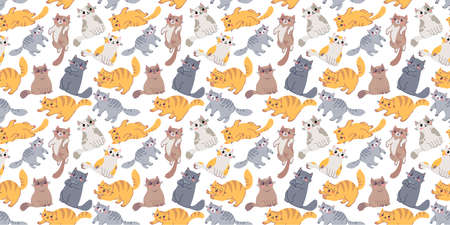Vector seamless pattern with happy cute different cat character on white color background. Flat line art style design of seamless pattern with many animal cat for web, greeting card, banner, wrapping paperのイラスト素材