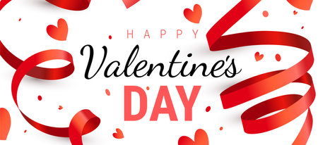 Vector holiday illustration with red curled ribbon and text happy Valentine's day with heart. Romantic template design with text and confetti for Valentine's day greeting card, banner on white color backgroundのイラスト素材