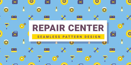 Vector horizontal illustration of different car equipment with frame and text repair center on blue color background. Flat line art style design of car part seamless pattern for web, site, banner, print, textileのイラスト素材