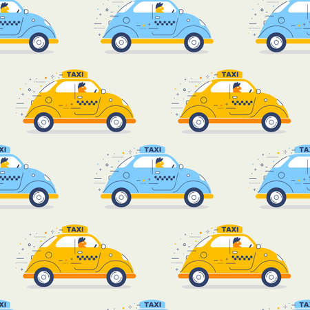 Vector kid illustration of blue and yellow color retro taxi car with driver on color background. Line art style design of vintage city taxi car seamless pattern for web, site, banner, children print, textileのイラスト素材