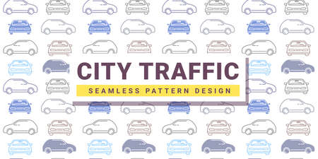 Vector horizontal kid illustration of line car with frame and text city traffic on white background. Line art style design of car parking seamless pattern for web, site, banner, children print, textileのイラスト素材