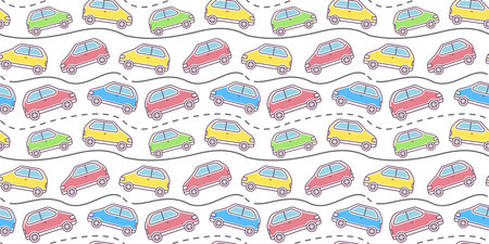 Vector horizontal kid illustration of colorful car driving on road on white background. Line art style design of car traffic seamless pattern for web, site, banner, children print, textileのイラスト素材