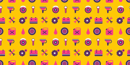 Vector horizontal bright illustration of different car equipment on yellow color background. Flat line art style design of car part seamless pattern for web, site, banner, print, textileのイラスト素材