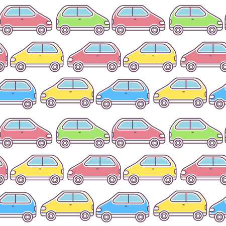 Line art style design of car traffic seamless pattern on white background. Vector kid illustration of colorful car driving on road for web, site, banner, children print, textileのイラスト素材