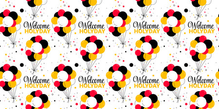Vector color illustration of bunch of air balloon on white background with text welcome holiday. Line art flat style design of holiday seamless pattern for web, banner, greeting card, wrapping paperのイラスト素材