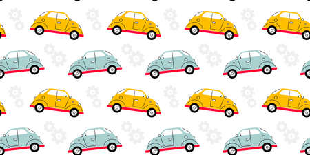 Vector horizontal kid illustration of color retro car on white background with cogwheel. Line art style design of vintage car seamless pattern for web, site, banner, children print, textileのイラスト素材