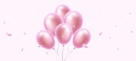 Vector holiday illustration of flying realistic pink color bunch of air balloon. Beautiful happy birthday template design with balloon on light background with confetti for greeting card, party poster, invitation, bannerのイラスト素材