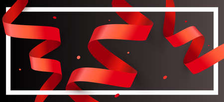 Vector holiday template with red ribbon in frame on black color background. Creative realistic style design of set of red ribbon and confetti for greeting card, banner, posterのイラスト素材