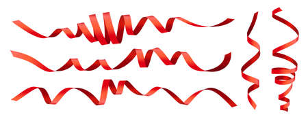 Vector set of illustration of holiday curled red ribbon isolated on white color background. Creative realistic style design of romantic curled red ribbon for greeting card, banner, posterのイラスト素材