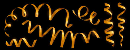 Vector set of realistic style golden curled ribbon on black color background. Creative holiday design of golden ribbon for greeting card, banner, posterのイラスト素材