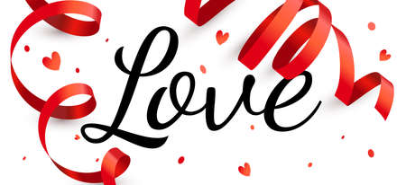 Vector romantic illustration with word love and red curled ribbon. Romantic template design with word love and heart for Valentine's day greeting card, wedding poster, banner on white color backgroundのイラスト素材