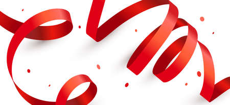 Vector holiday template with red ribbon with shadow on white color background. Creative realistic style design of set of red ribbon and confetti for greeting card, banner, posterのイラスト素材