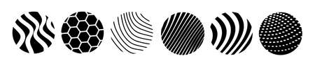 Vector set of abstract black and white illustration of different wave line, dot and hexagon pattern in round frame, decorative geometric background for banner, poster, printのイラスト素材
