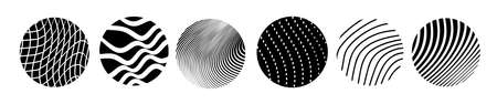 Vector set of abstract black and white illustration of different line, net and dot pattern in round frame, decorative geometric background for banner, poster, printのイラスト素材