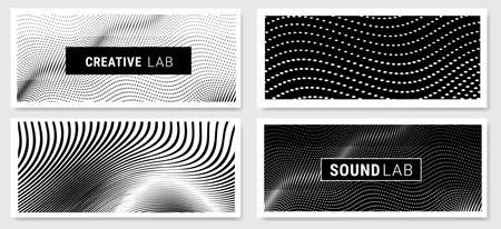 Vector set of abstract black and white illustration of different decorative geometric background with wave line and dot pattern for banner, print, poster with frame and textのイラスト素材