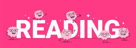 Vector concept illustration of team of happy pink brain character in glasses and word reading on color background. Flat doodle style knowledge creative design of happy human brain character with word for web, site, banner, posterのイラスト素材