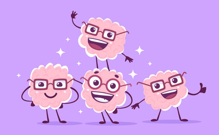 Vector creative illustration of team of happy human brain character on color background. Flat doodle style knowledge concept design of group of happy pink brain character in glasses for web, site, banner, posterのイラスト素材