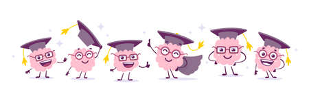 Vector creative illustration of group of happy pink brain character with graduation cap on white color background. Flat doodle style knowledge concept design of team of different happy human brain character for web, site, banner, posterのイラスト素材