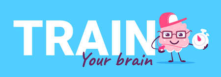 Vector illustration of happy pink brain character in glasses and cap with stopwatch and whistle on color background. Flat doodle style knowledge concept design of happy human brain character with word train for web, site, banner, posterのイラスト素材