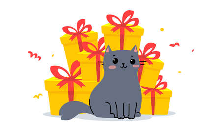 Vector cute illustration of happy gray cat and pile of gift box on white color background. Flat style design of animal cat character with present for banner, poster, greeting cardのイラスト素材