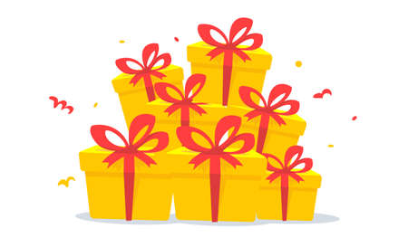 Vector illustration of pile of yellow gift box with red bow on white color background. Flat style holiday design of present for web, greeting card, sale bannerのイラスト素材
