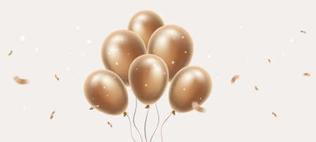 Vector holiday illustration with flying realistic golden color bunch of air balloon with confetti. Beautiful happy birthday template design with balloon on light background for greeting card, party poster, invitation, bannerのイラスト素材