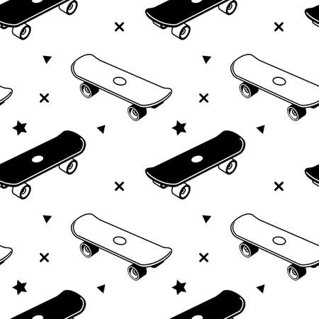 Vector illustration of simple white and black color board on white color background and star. Skateboarding seamless pattern with cartoon skateboard. Flat line art style design with skate for t-shirt and paper printのイラスト素材
