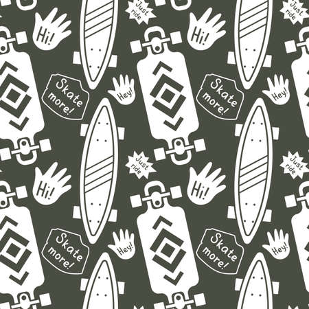 Vector illustration of white color board with texture on gray color background and graphic element. Skateboarding seamless pattern with cartoon skateboard. Flat line art style design with skate for t-shirt and paper printのイラスト素材