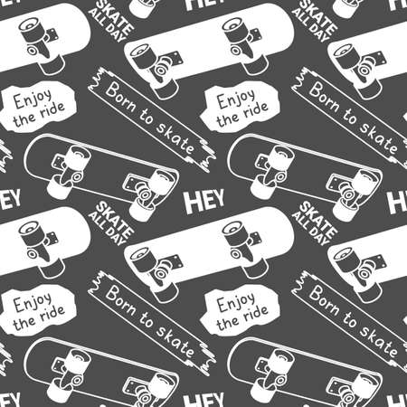 Vector illustration of white board on gray color background with word. Skateboarding seamless pattern with cartoon skateboard. Flat line art style design with skate for t-shirt and paper printのイラスト素材