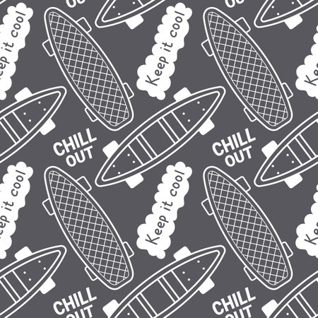 Vector illustration of textured penny board with word on gray color background. Skateboarding seamless pattern with cartoon skateboard. Flat line art style design with skate for t-shirt and paper printのイラスト素材