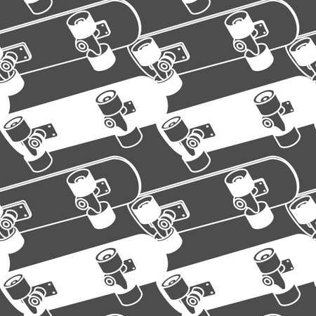 Vector illustration of white and black color board on color background. Skateboarding seamless pattern with cartoon skateboard. Flat line art style design with skate for t-shirt and paper printのイラスト素材