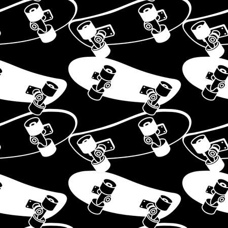 Vector illustration of white and black color wide board on black background. Skateboarding seamless pattern with cartoon skateboard. Flat line art style design with skate for t-shirt and paper printのイラスト素材