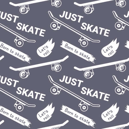 Vector retro illustration with board on color background and word just skate. Skateboarding seamless pattern with cartoon skateboard. Flat line art style design with skate for t-shirt and paper printのイラスト素材