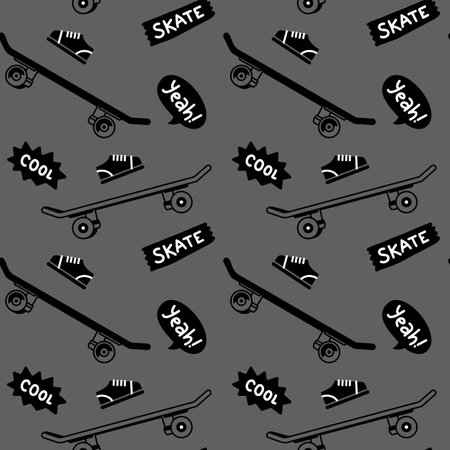 Vector illustration of board on dark background and sneaker. Skateboarding seamless pattern with cartoon skateboard. Flat line art style design with skate for t-shirt and paper printのイラスト素材