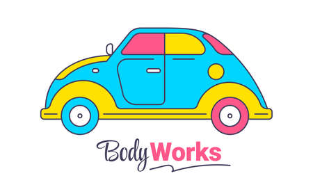 Vector color illustration of retro car on white background with text body works. Line art style design of vintage car for web, site, banner, printのイラスト素材