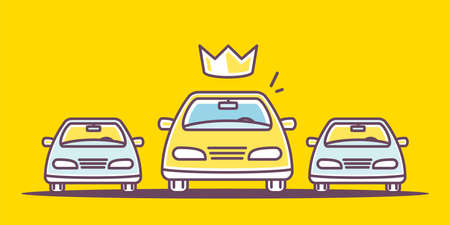 Vector illustration of set of taxi car with crown on yellow background. Line art style design of yellow car service for web, site, banner, printのイラスト素材