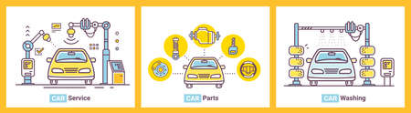 Vector set of illustrations of car service and car wash on white background. Line art style design of yellow car repair and maintenance for web, site, banner, printのイラスト素材